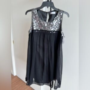 NWT CALVIN KLEIN 100% Silk Black Chiffon Sexy Cocktail Dress Silver Sequins 8P